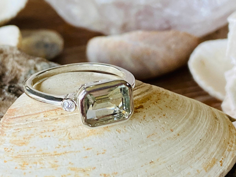 East West Emerald Cut Prasiolite Engagement Ring