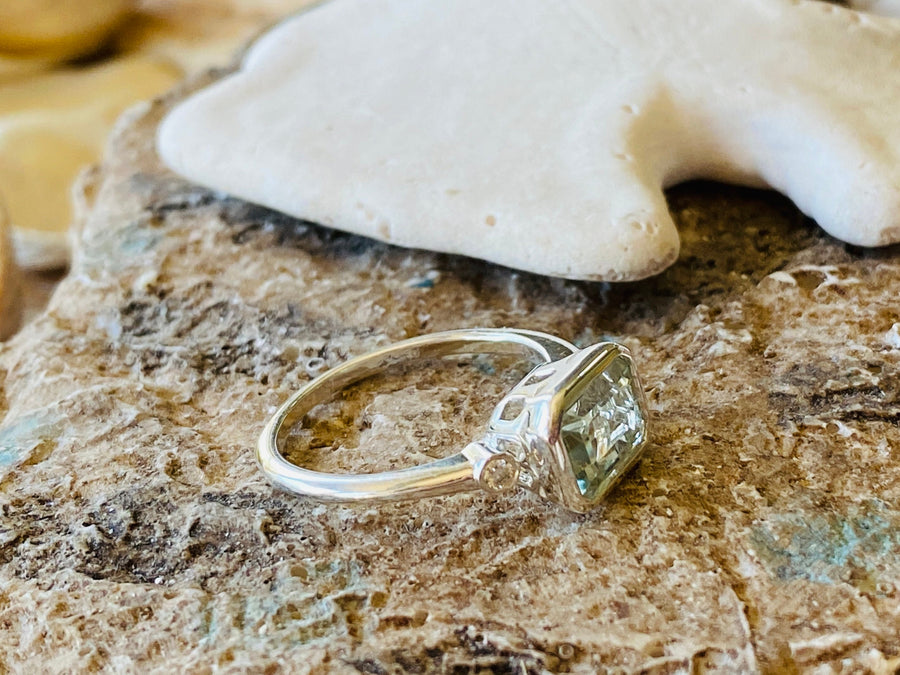 East West Emerald Cut Prasiolite Engagement Ring