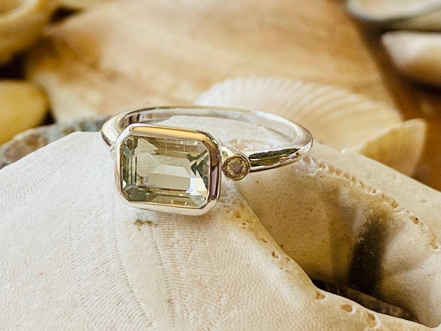 East West Emerald Cut Prasiolite Engagement Ring