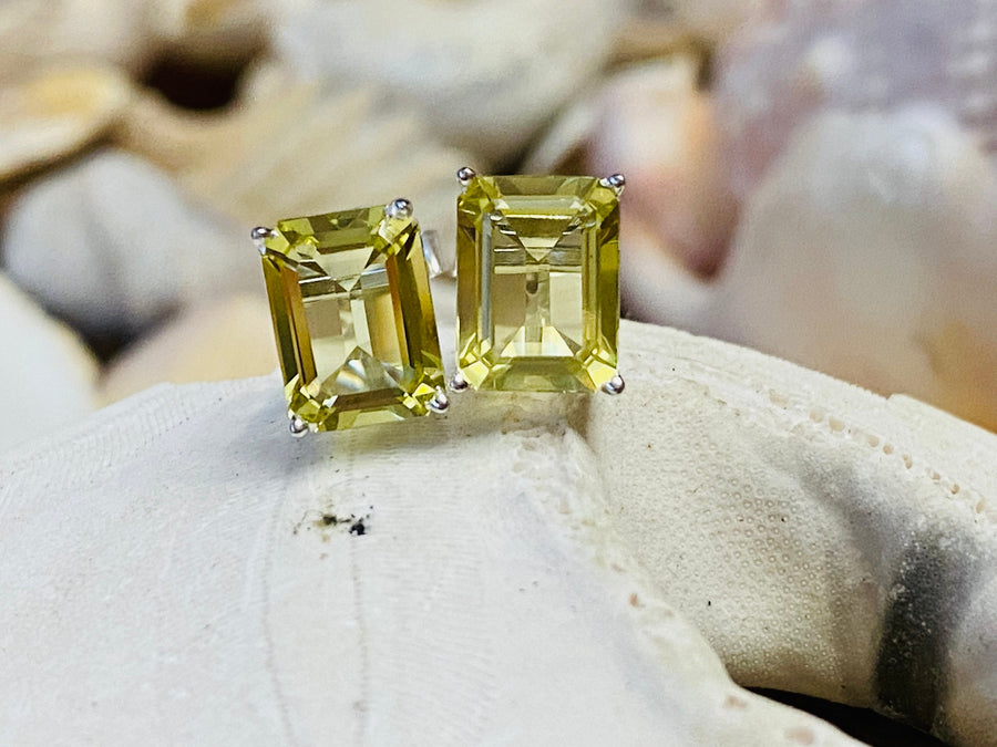 Emerald Cut Lemon Citrine Stud Earrings