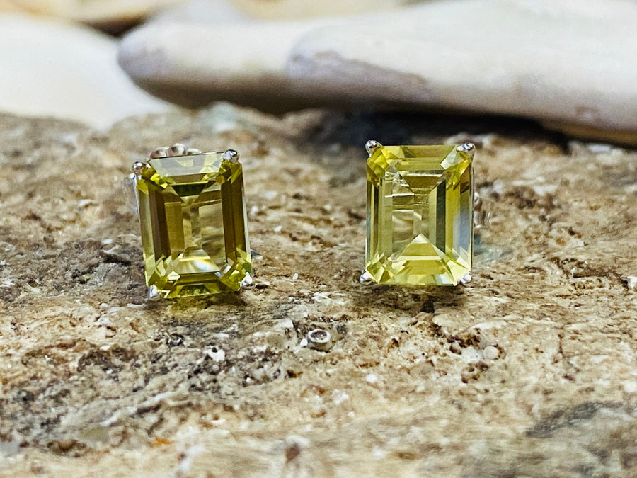 Emerald Cut Lemon Citrine Stud Earrings