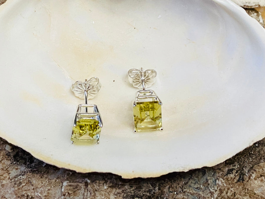 Emerald Cut Lemon Citrine Stud Earrings