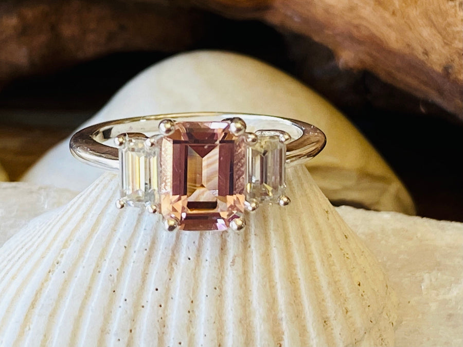 Three Stone Emerald Cut Morganite Ring