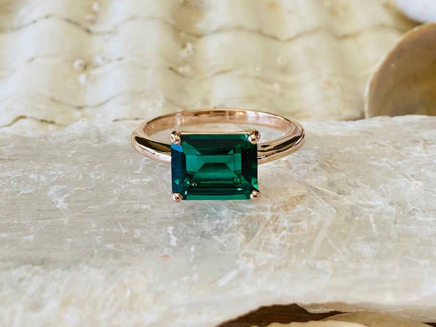 14k Gold East West Emerald Cut Emerald Solitaire Ring 3.00ct ...