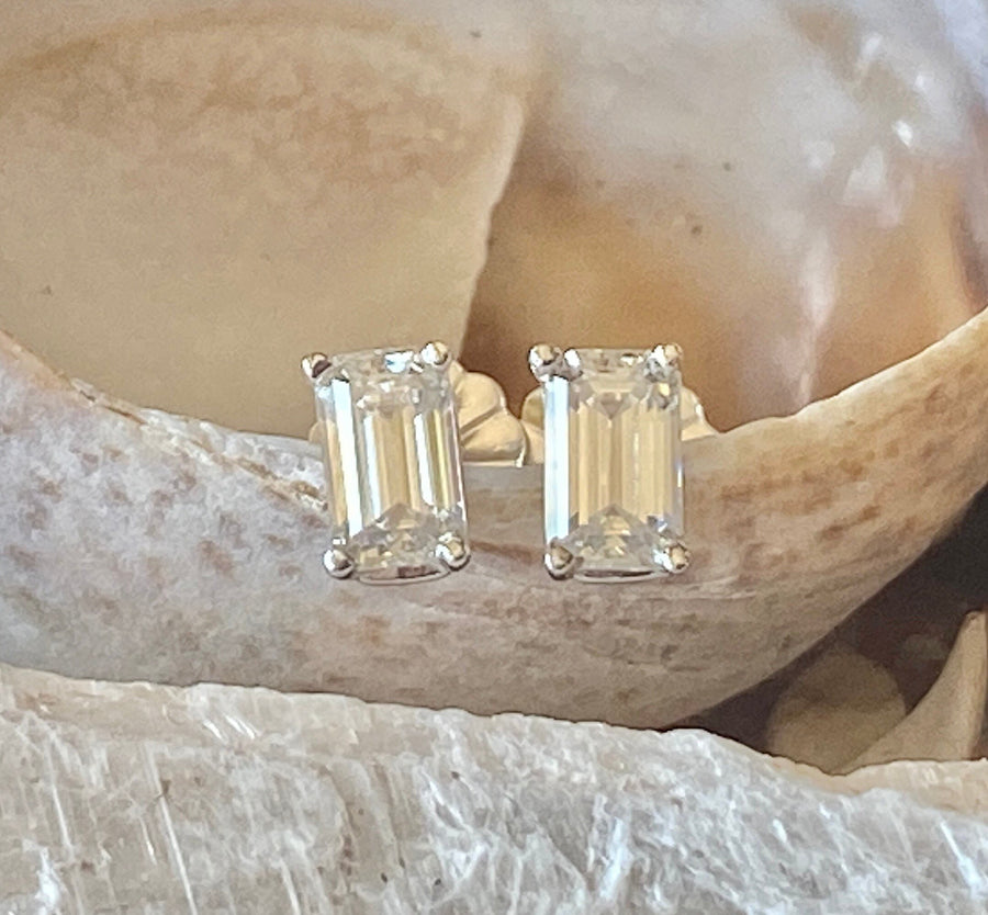 Moissanite Emerald Cut Tiny Stud Earrings