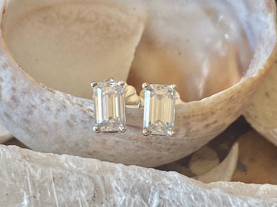 Moissanite Emerald Cut Tiny Stud Earrings