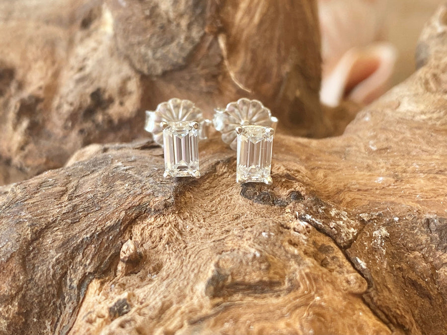 Moissanite Emerald Cut Tiny Stud Earrings