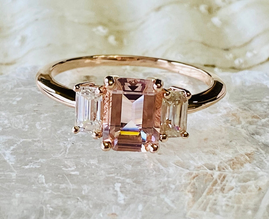 Three Stone Emerald Cut Morganite Ring