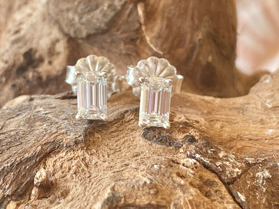 Moissanite Emerald Cut Tiny Stud Earrings