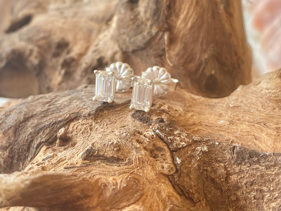 Moissanite Emerald Cut Tiny Stud Earrings