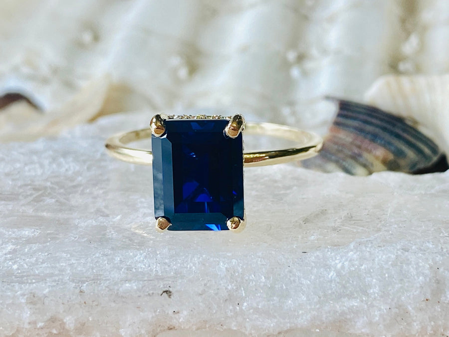 14k Emerald Cut Hidden Halo Sapphire Ring