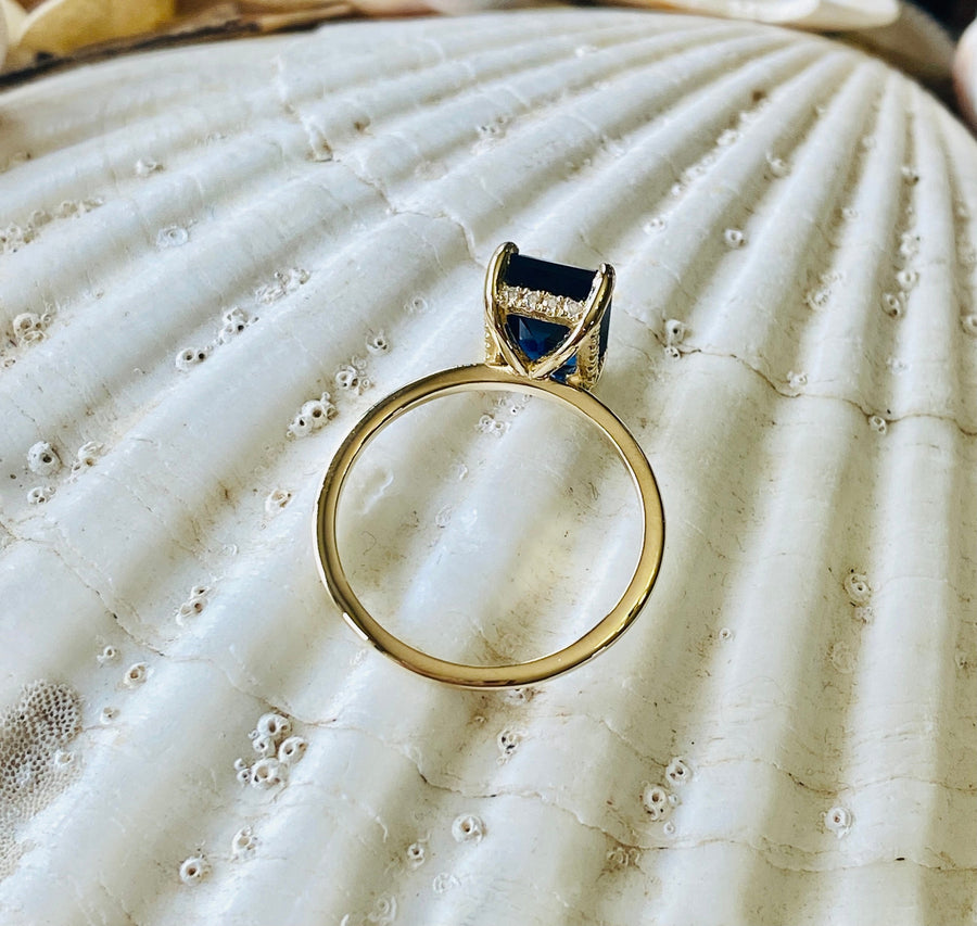 14k Emerald Cut Hidden Halo Sapphire Ring