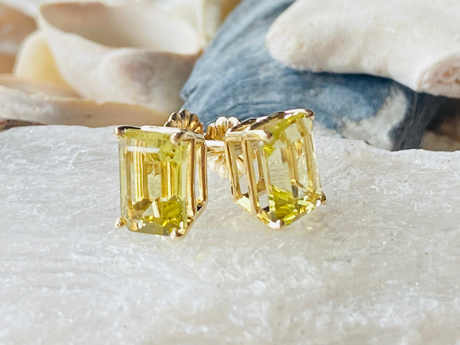 Emerald Cut Lemon Citrine Stud Earrings