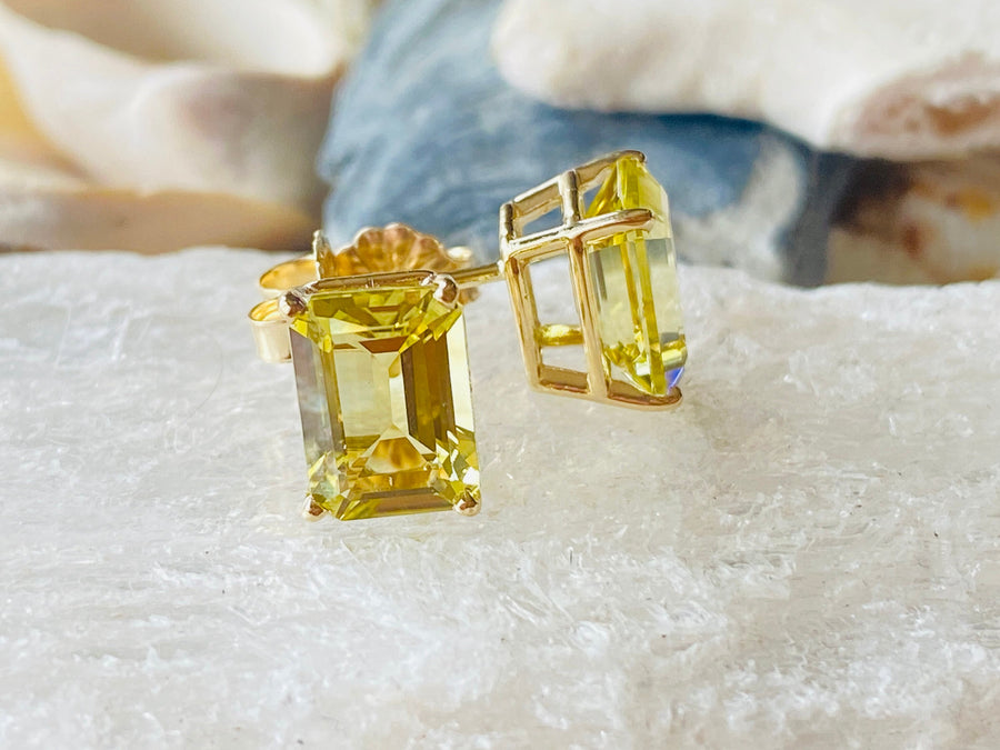 Emerald Cut Lemon Citrine Stud Earrings