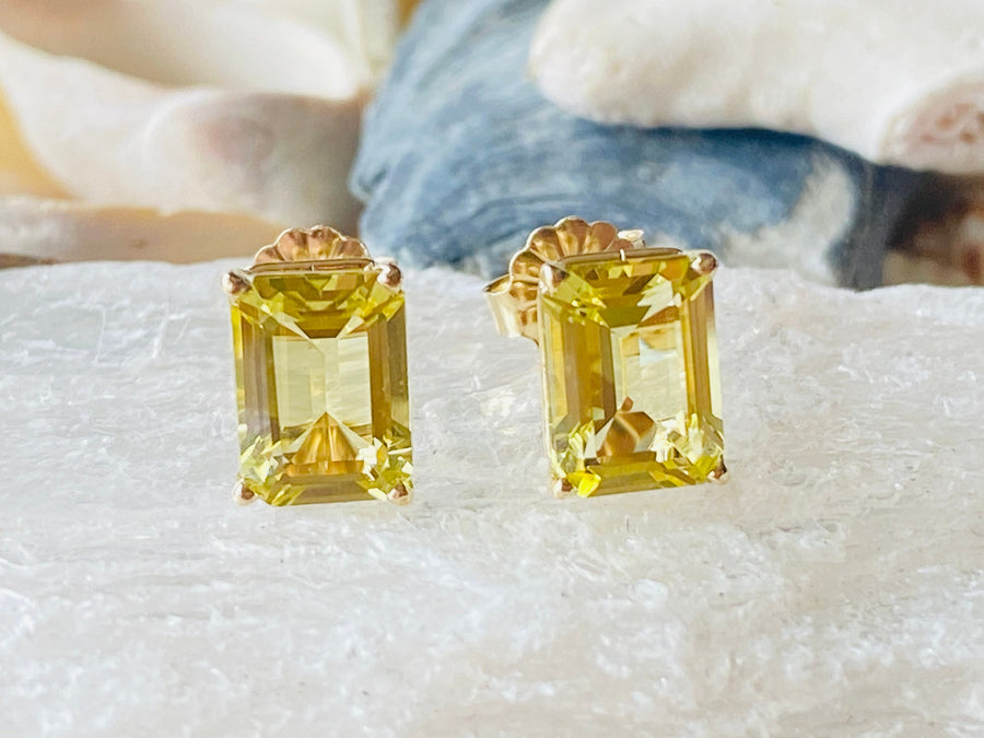 Emerald Cut Lemon Citrine Stud Earrings