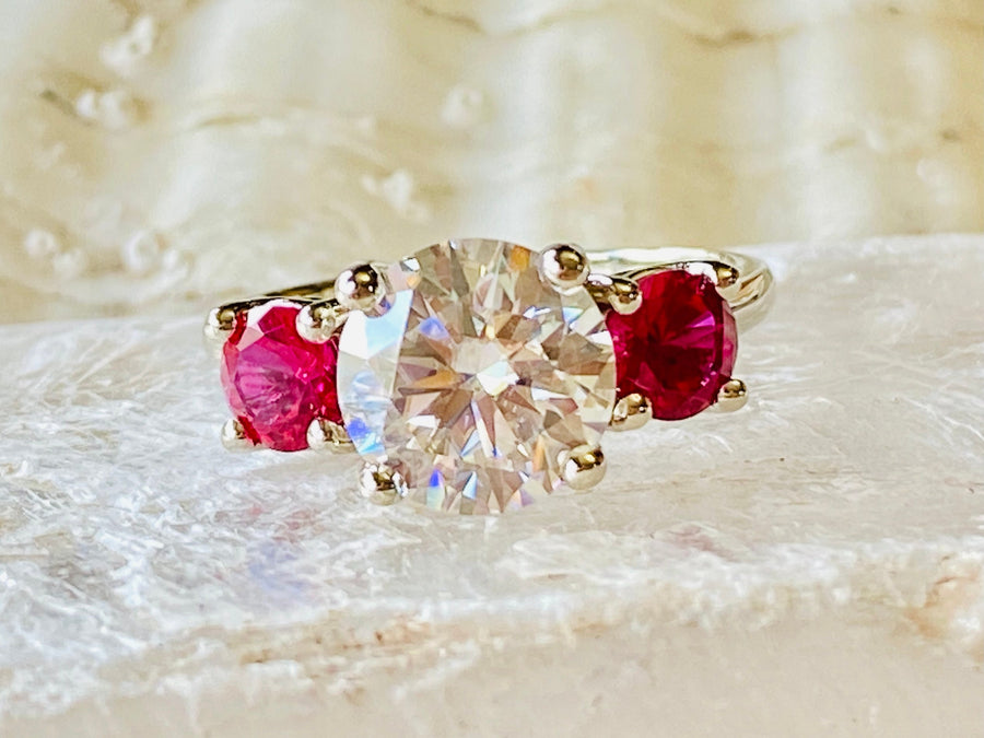 Round Three Stone Moissanite & Ruby Engagement Ring