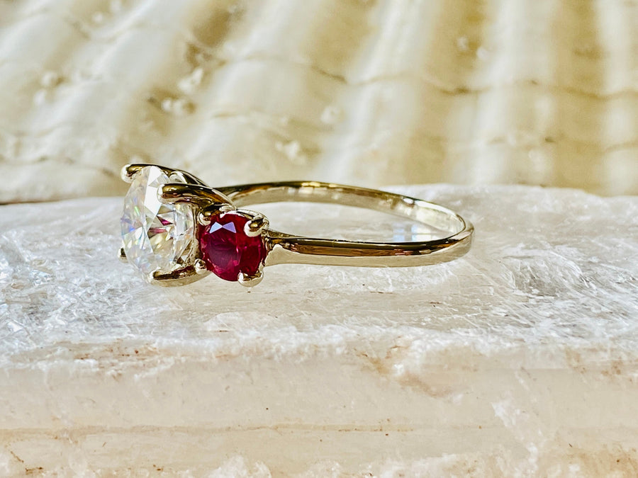 Round Three Stone Moissanite & Ruby Engagement Ring