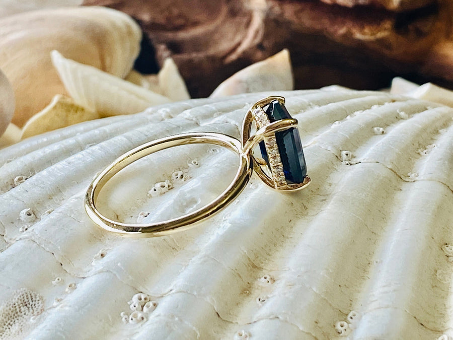 14k Emerald Cut Hidden Halo Sapphire Ring