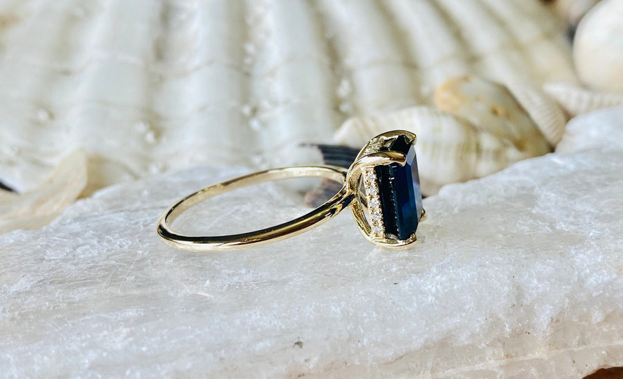 14k Emerald Cut Hidden Halo Sapphire Ring