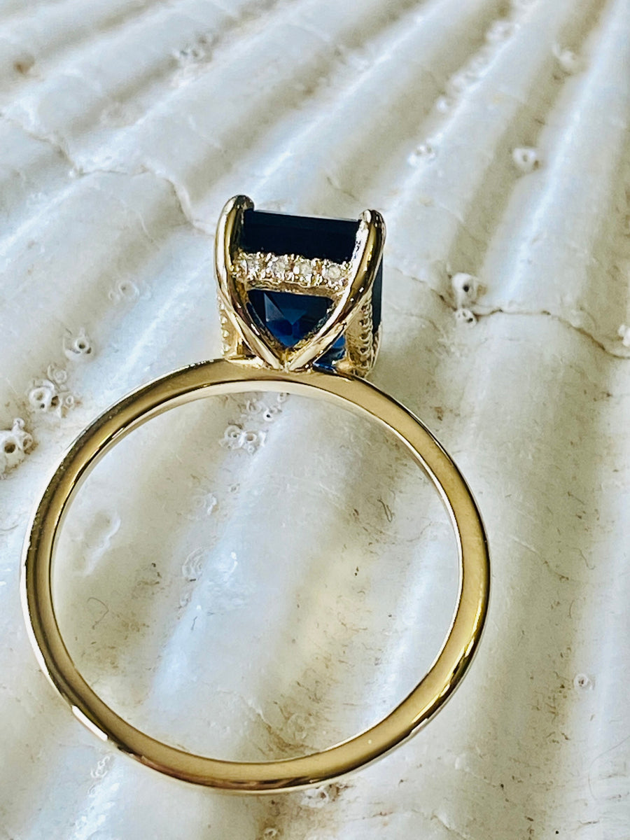 14k Emerald Cut Hidden Halo Sapphire Ring