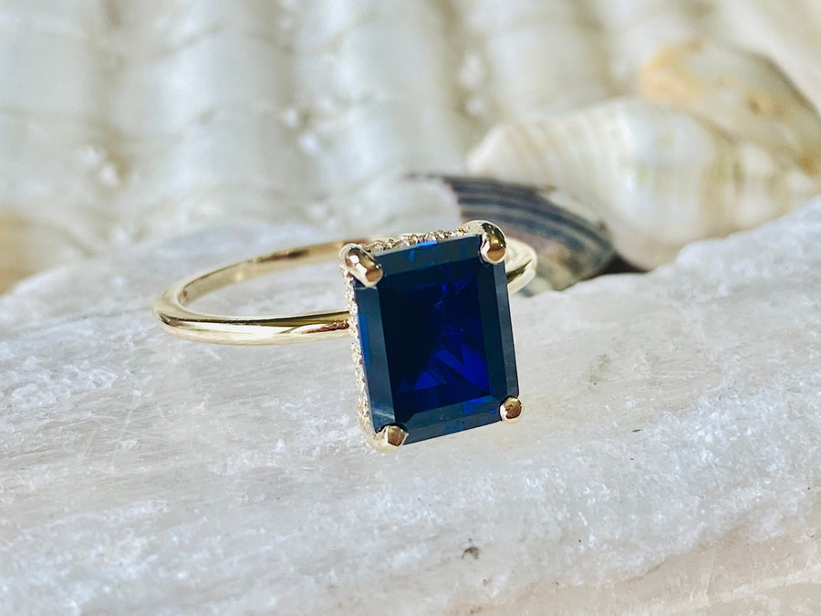 14k Emerald Cut Hidden Halo Sapphire Ring