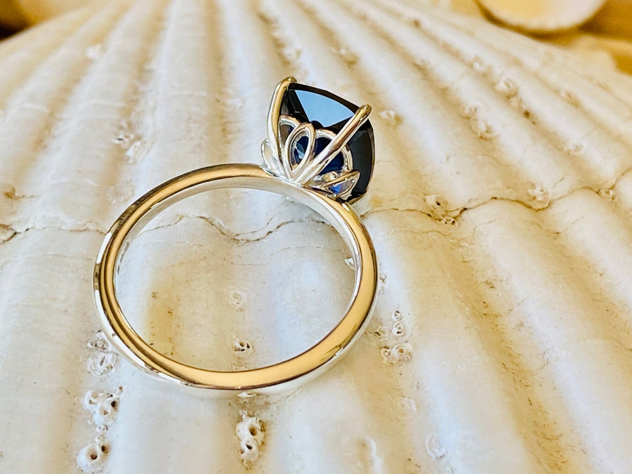 14K Gold GP Blue Sapphire And Diamond Accent Cushion Ring – Sizes 8 To 16 Unisex