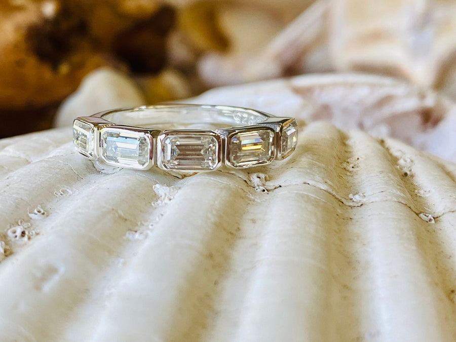 14k Moissanite 5 Stone Emerald Cut Bezel Band