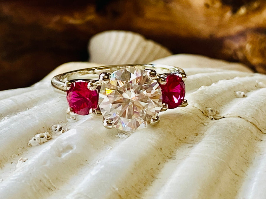 Round Three Stone Moissanite & Ruby Engagement Ring