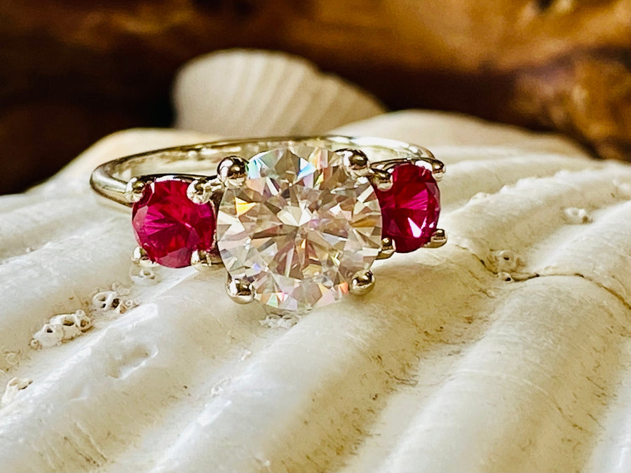 Round Three Stone Moissanite & Ruby Engagement Ring