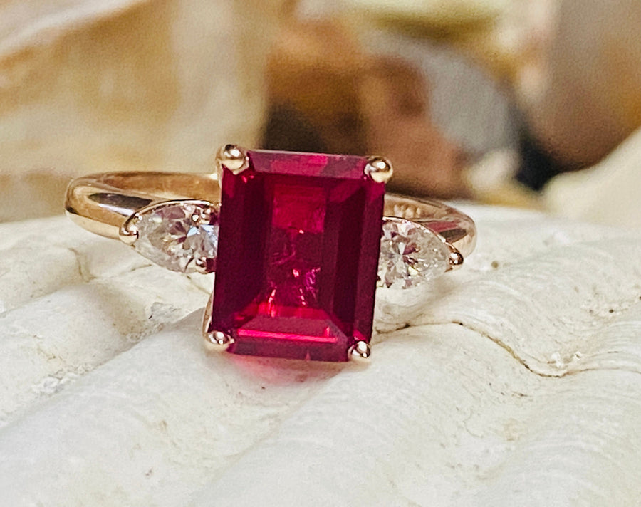 Three Stone Emerald Cut Ruby & Moissanite Ring