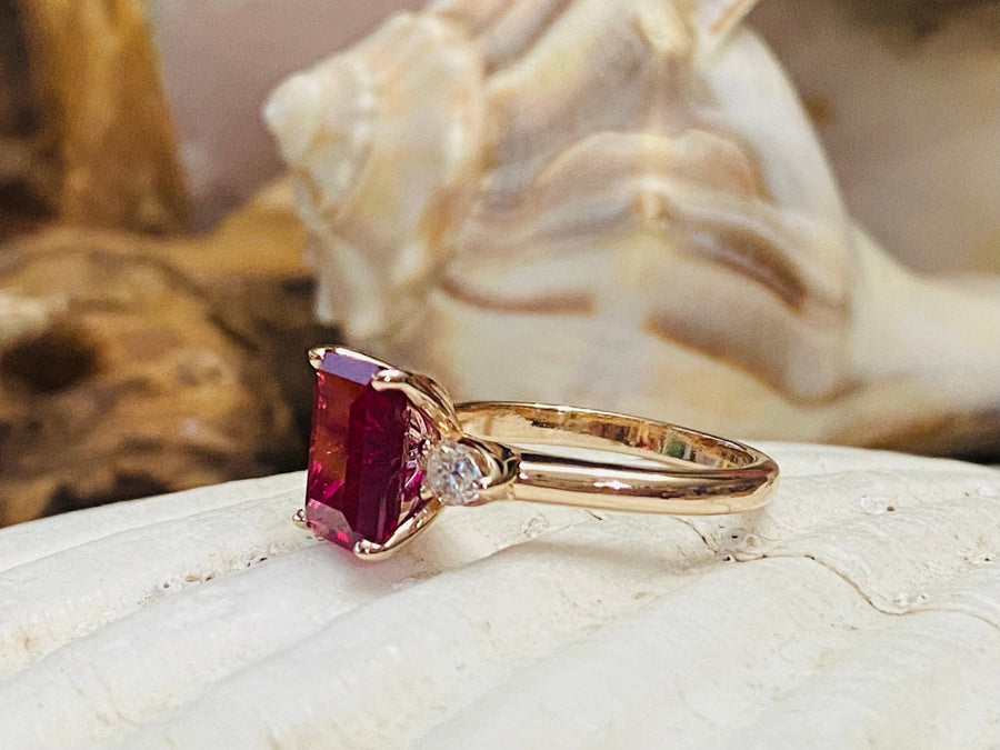 Three Stone Emerald Cut Ruby & Moissanite Ring