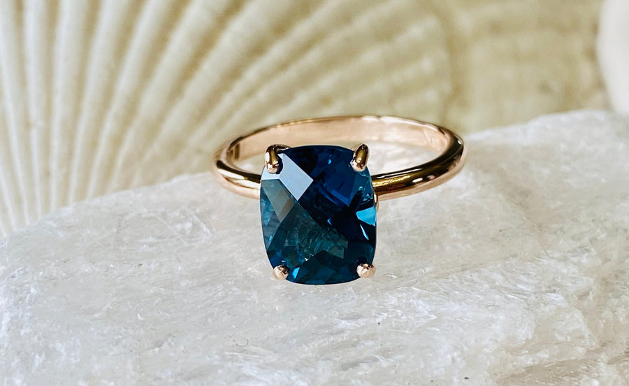 14k Cushion Cut London Blue Topaz Solitaire Ring 3.00ct