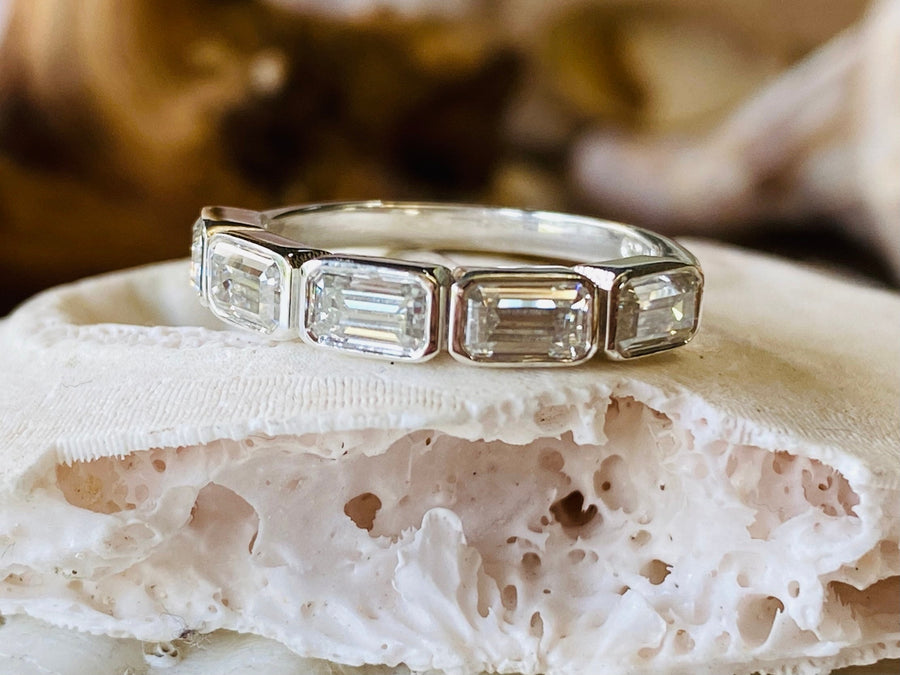 14k Moissanite 5 Stone Emerald Cut Bezel Band