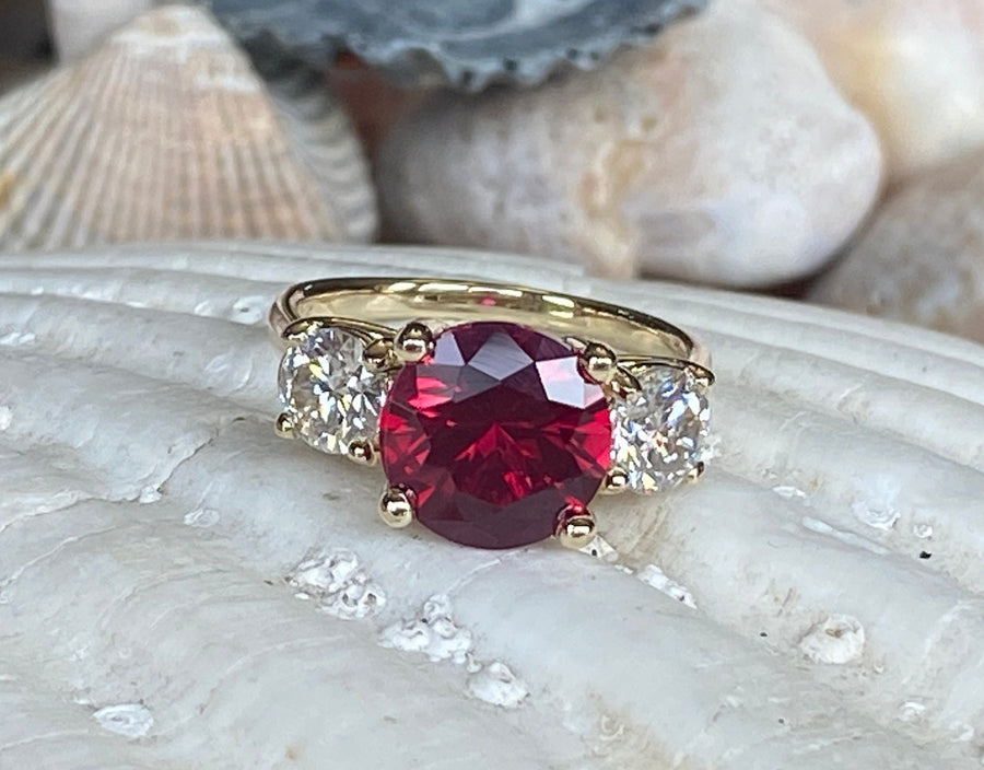 14k Ruby & Moissanite Round Three Stone Engagement Ring