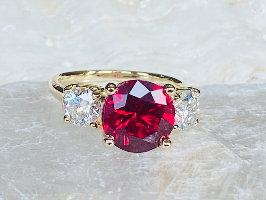 14k Ruby & Moissanite Round Three Stone Engagement Ring