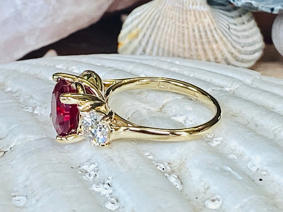 14k Ruby & Moissanite Round Three Stone Engagement Ring