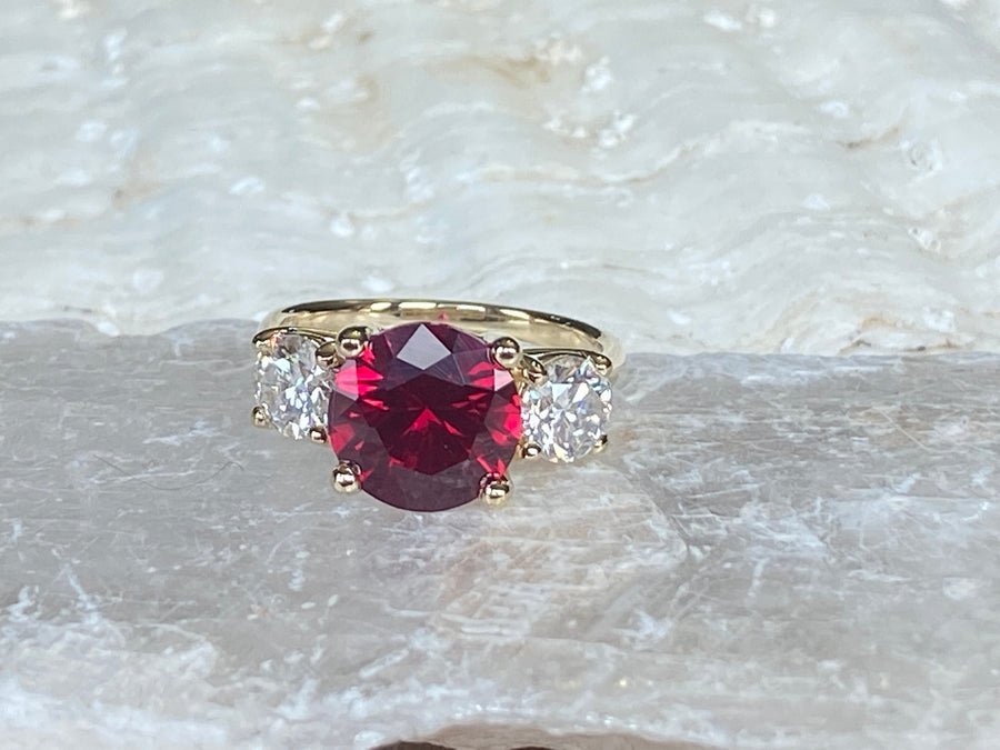 14k Ruby & Moissanite Round Three Stone Engagement Ring