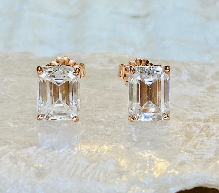 14k Moissanite Emerald Cut Stud Earrings