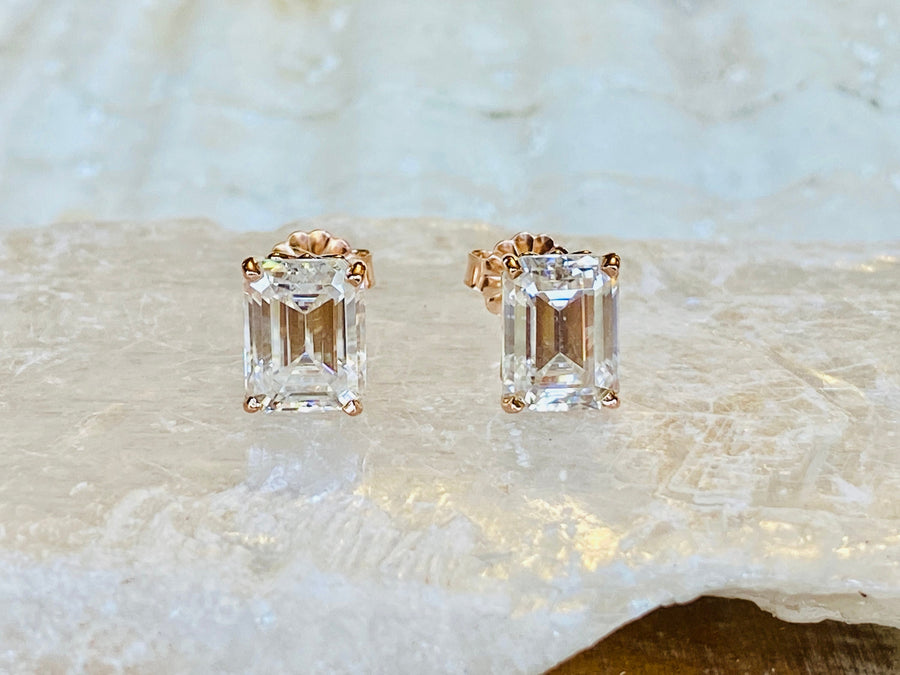 14k Moissanite Emerald Cut Stud Earrings