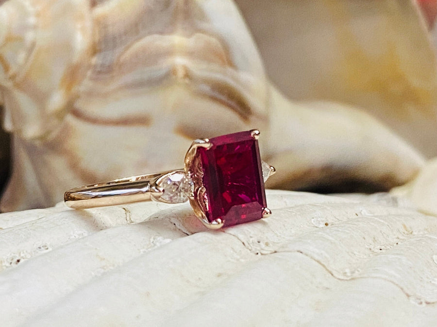 Three Stone Emerald Cut Ruby & Moissanite Ring