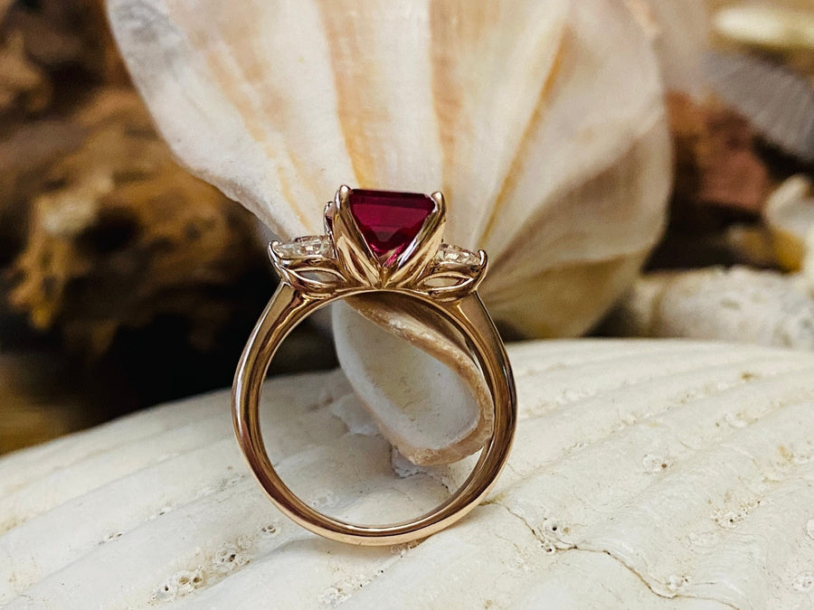 Three Stone Emerald Cut Ruby & Moissanite Ring