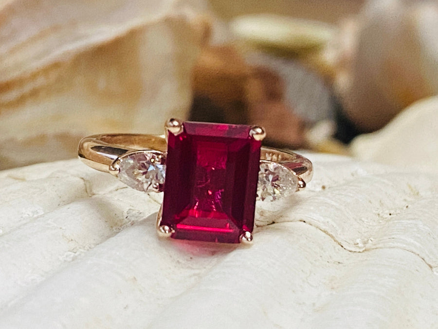 Three Stone Emerald Cut Ruby & Moissanite Ring