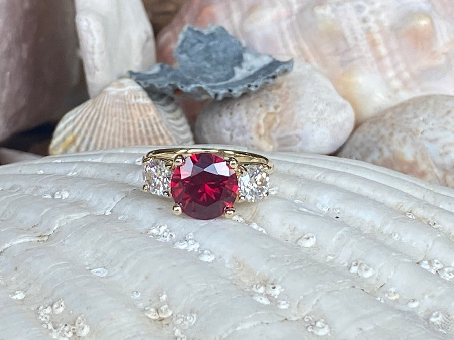 14k Ruby & Moissanite Round Three Stone Engagement Ring