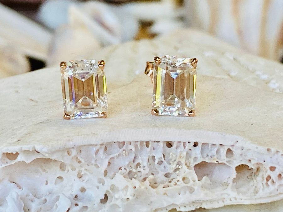 14k Moissanite Emerald Cut Stud Earrings