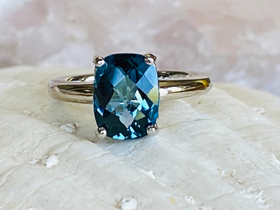 Antique Cushion London Blue Topaz Solitaire Ring