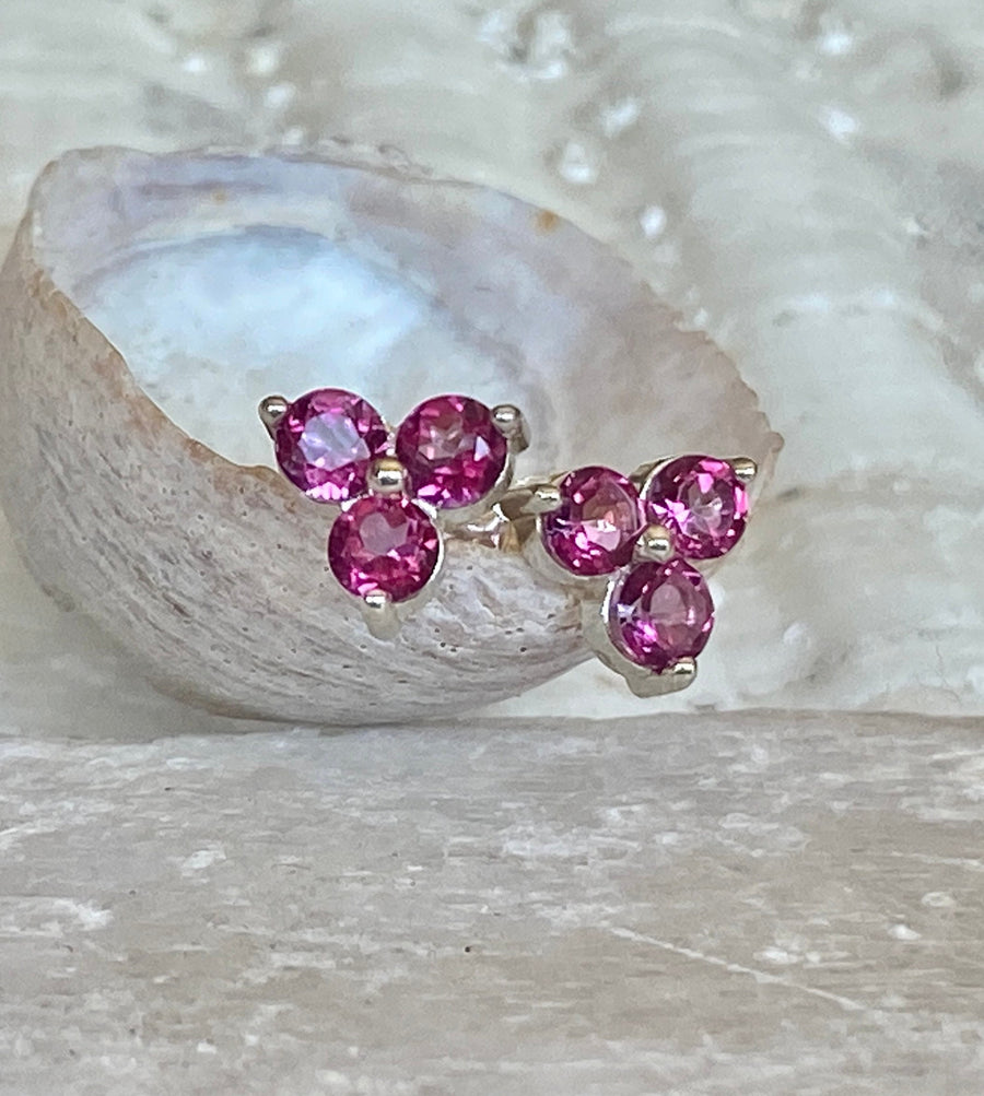 14k Three Stone Pink Topaz Stud Earrings