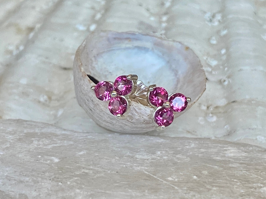 14k Three Stone Pink Topaz Stud Earrings