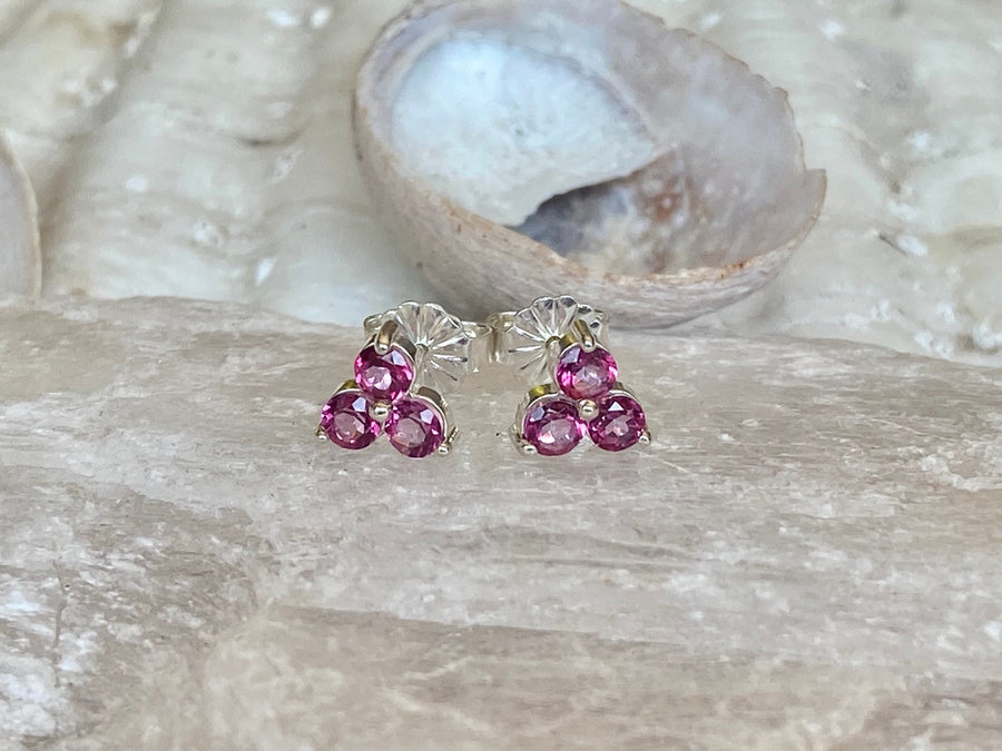 14k Three Stone Pink Topaz Stud Earrings