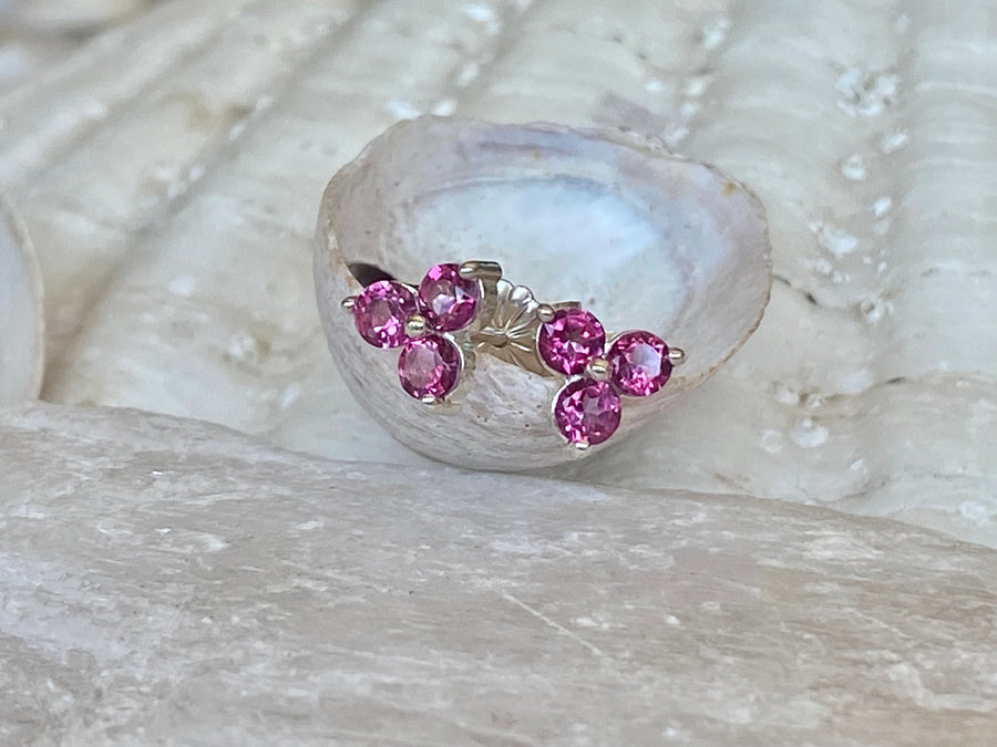 14k Three Stone Pink Topaz Stud Earrings