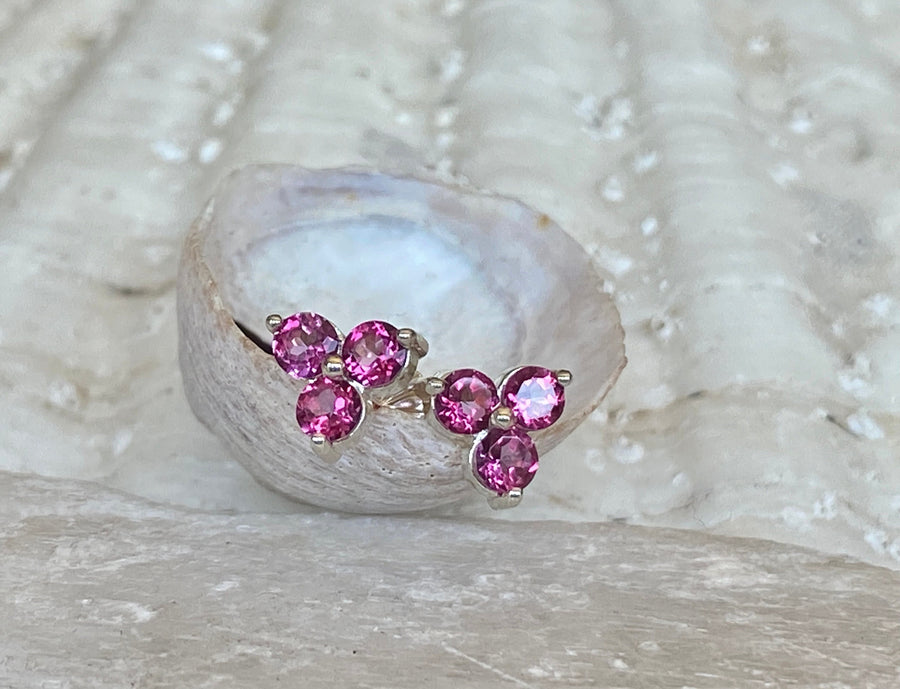 14k Three Stone Pink Topaz Stud Earrings